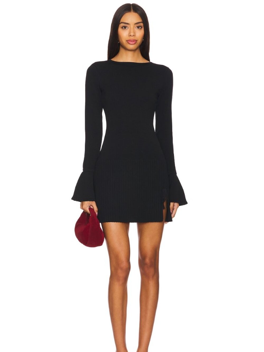 MORE TO COME Misty Knit Pleated Dress in Black long sleeve sweater mini